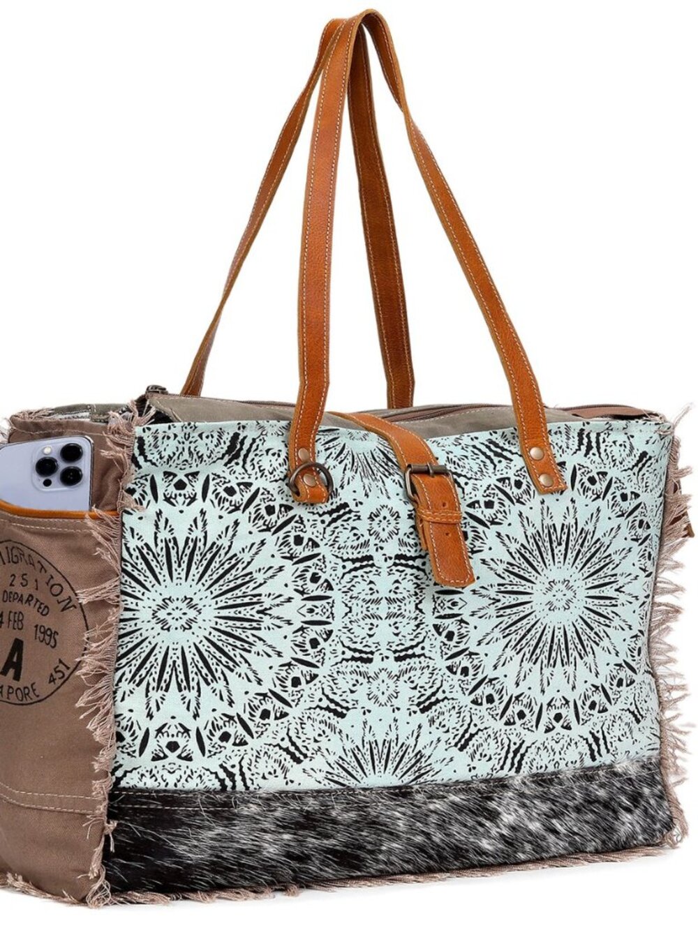 CLA Large Canvas Bag, Multicolor, Cowhide Hair On Leather With Upcycle Canvas
